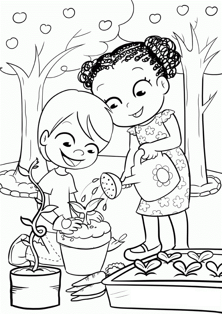Little Girls Watering Plant