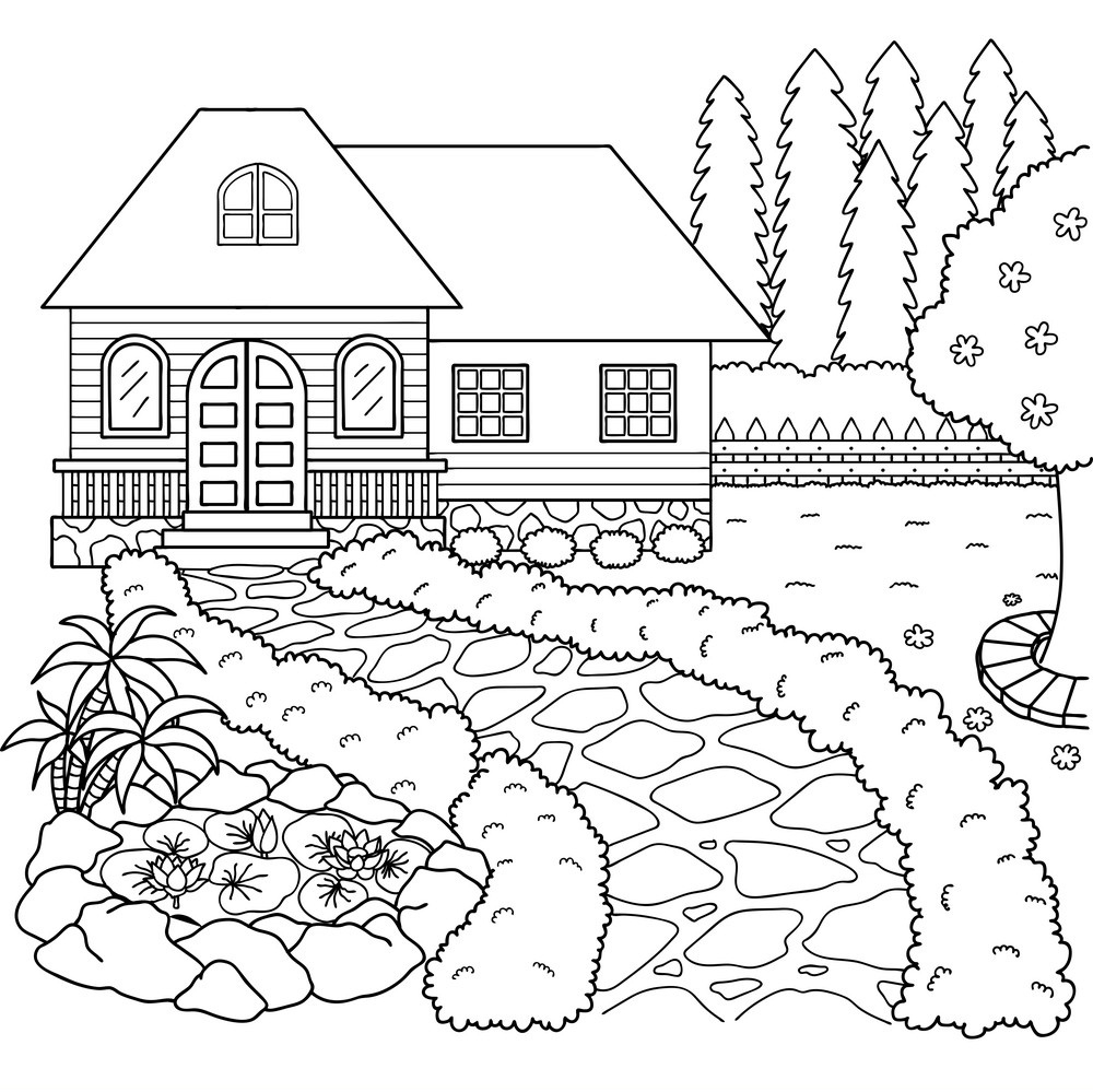Printable House and Garden coloring page for both aldults and kids.