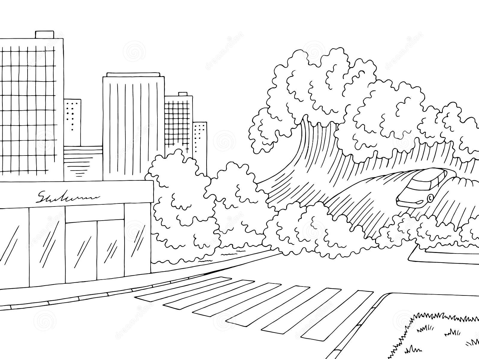 Printable Tsunami Submerged the City coloring page for both aldults and